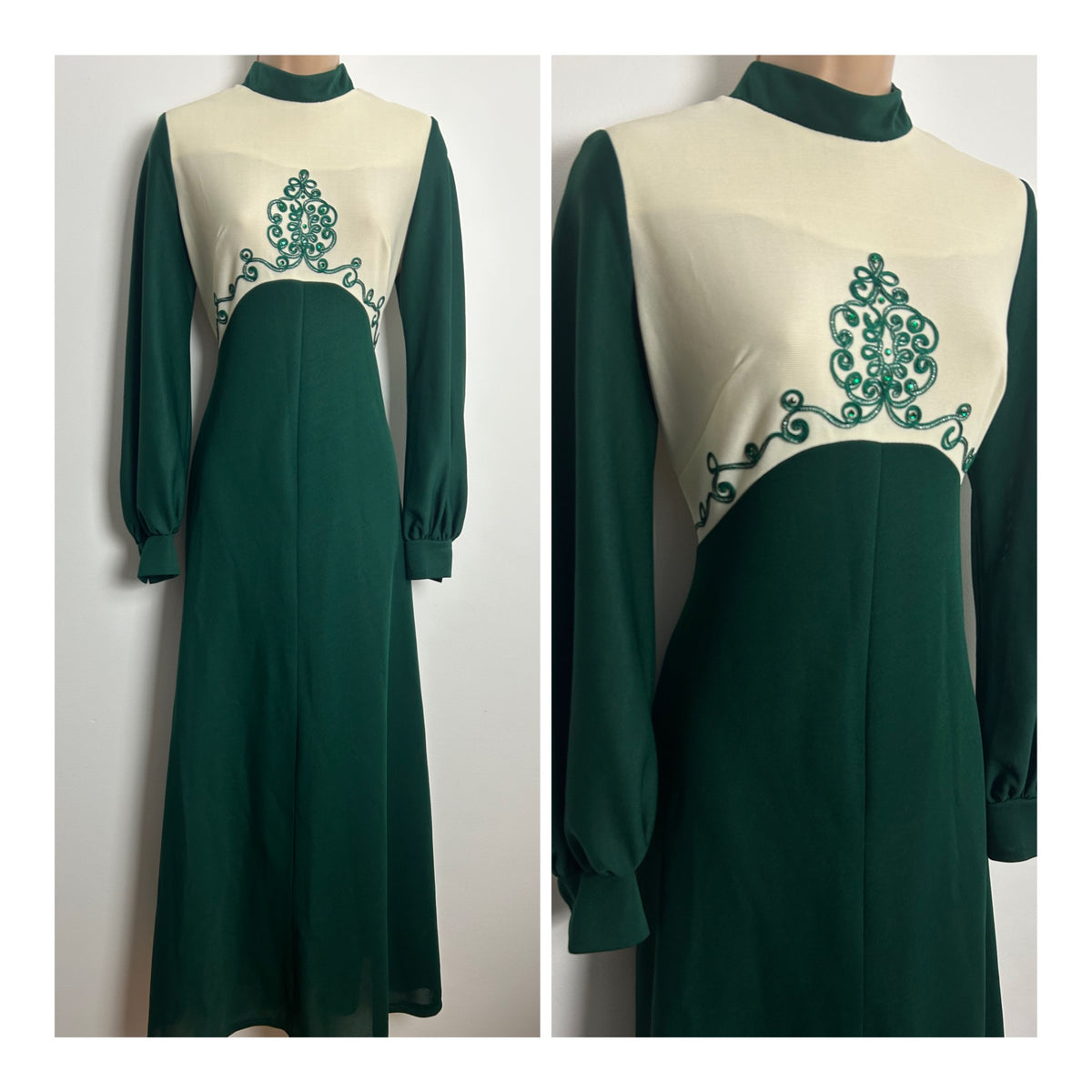 Vintage 1970s Size 10 Bottle Green & Cream Braid & Diamante Detail Long Sleeve Evening Maxi Dress