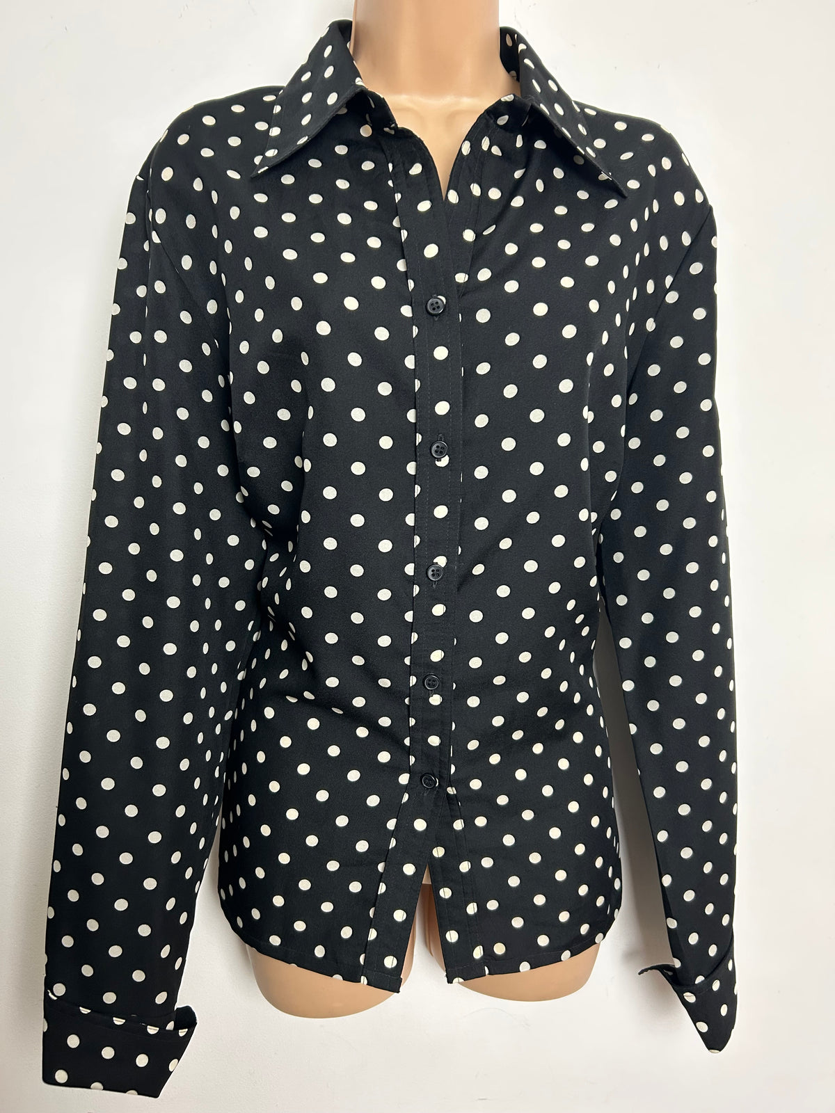 Vintage Early 1980s MARIANNE PARIS Size 16 Black & White Polka Dot Shirt
