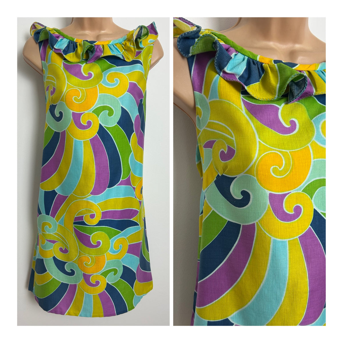 Vintage 1960s Size 10-12 Yellow Blue Purple & Green Swirl Print Ruffle Trim Shift Dress