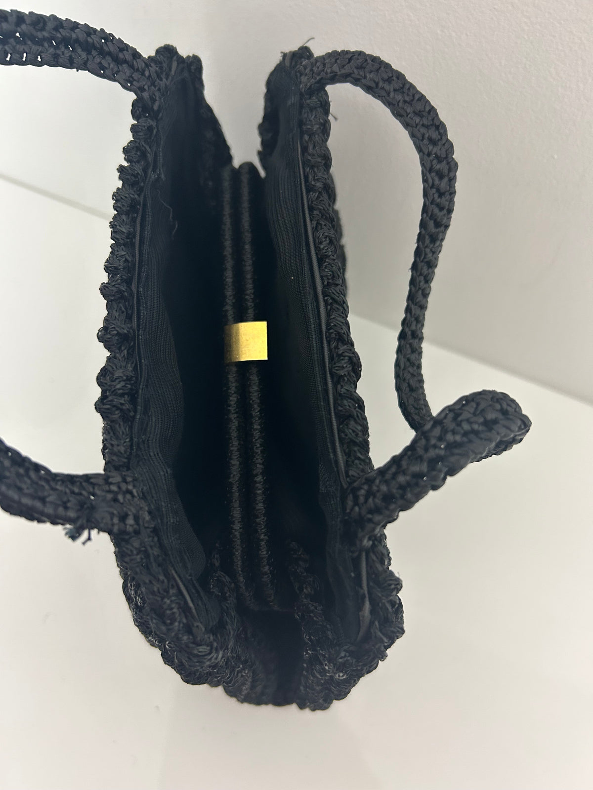 Vintage 1960s Gorgeous Black Crochet Woven Style Top Handle Kelly Style Handbag