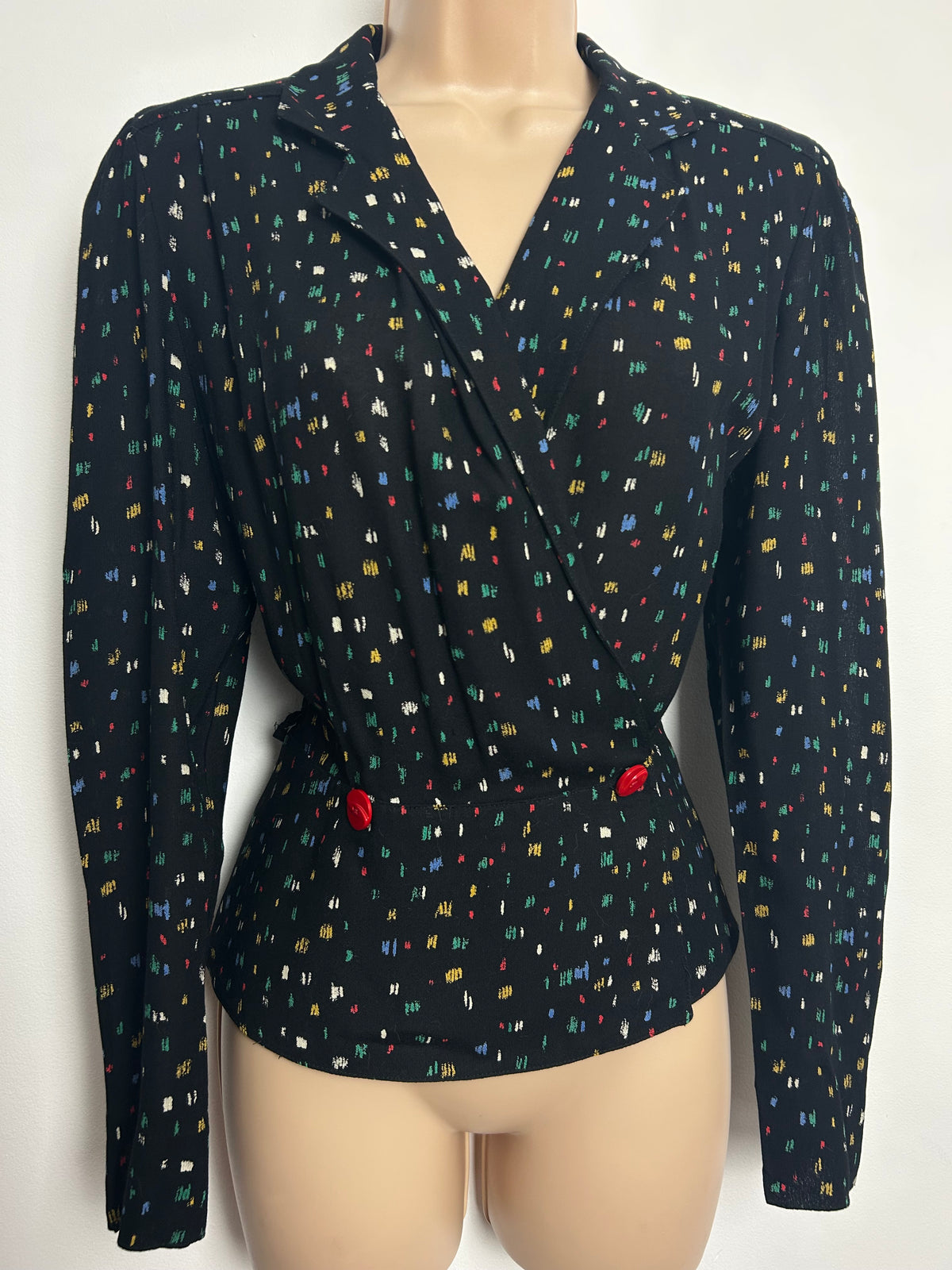 Vintage Late 1970s ELKONT Size 10 Black Multicolour Ditsy Print Long Sleeve Double Breasted Top