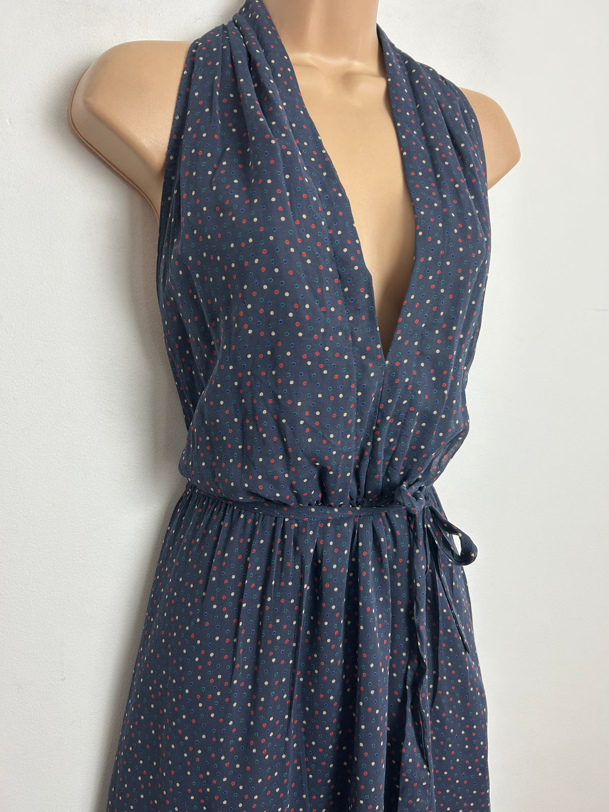 Vintage 1970s NUMBER FIVE Size 10 Dark Grey Red Polka Dot Halter Belted Summer Maxi Dress (Copy)