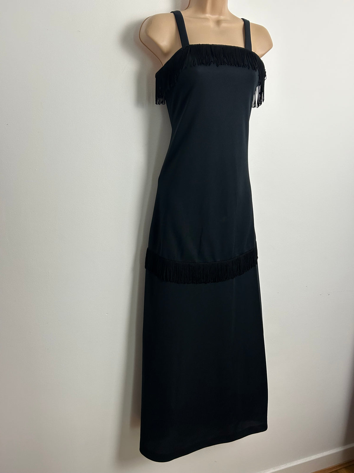Vintage 1970s C&A Size 6 Black Fringing Detail Strappy Evening Maxi Dress