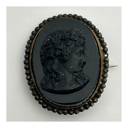 Antique Victorian Pinchbeck & Jet Mourning Cameo Brooch
