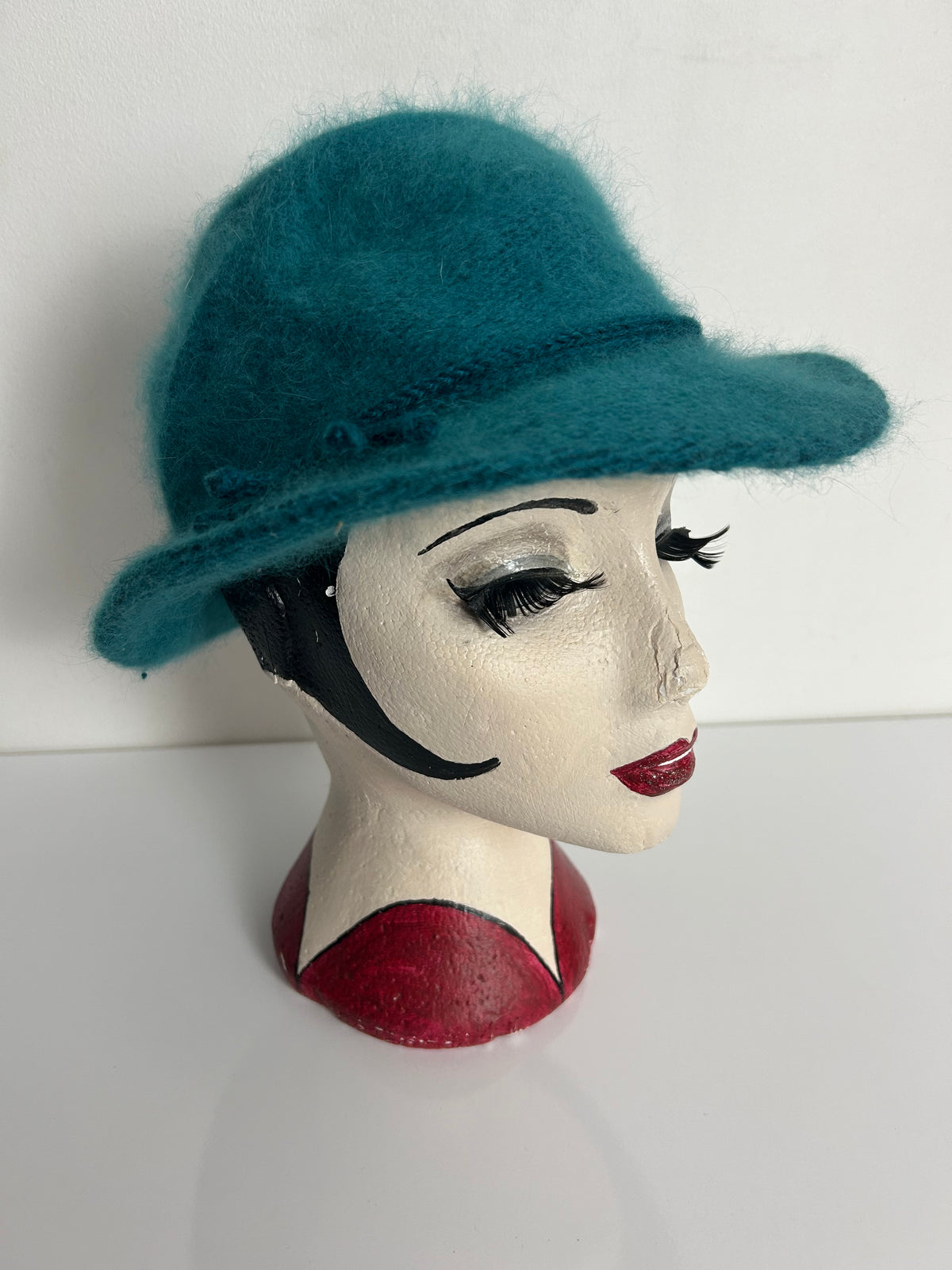 Vintage Teal Green Angora Mix Braid Trim Tie Detail Fedora Style Hat