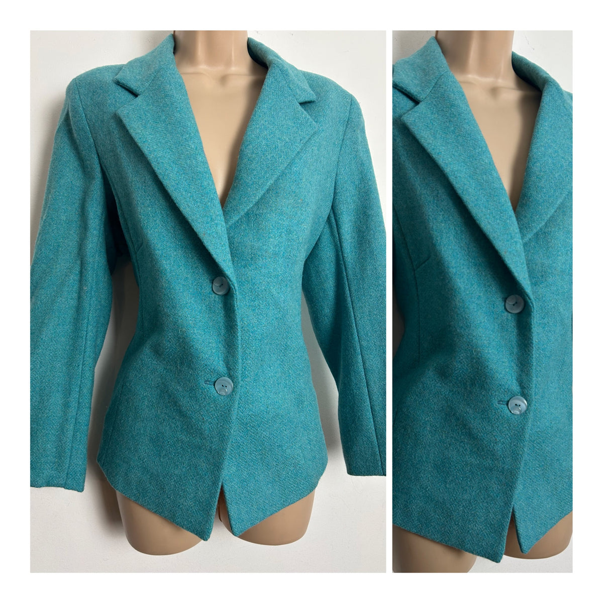 Vintage 1980s Size 14 Turquoise Wool Blend Fully Lined Blazer