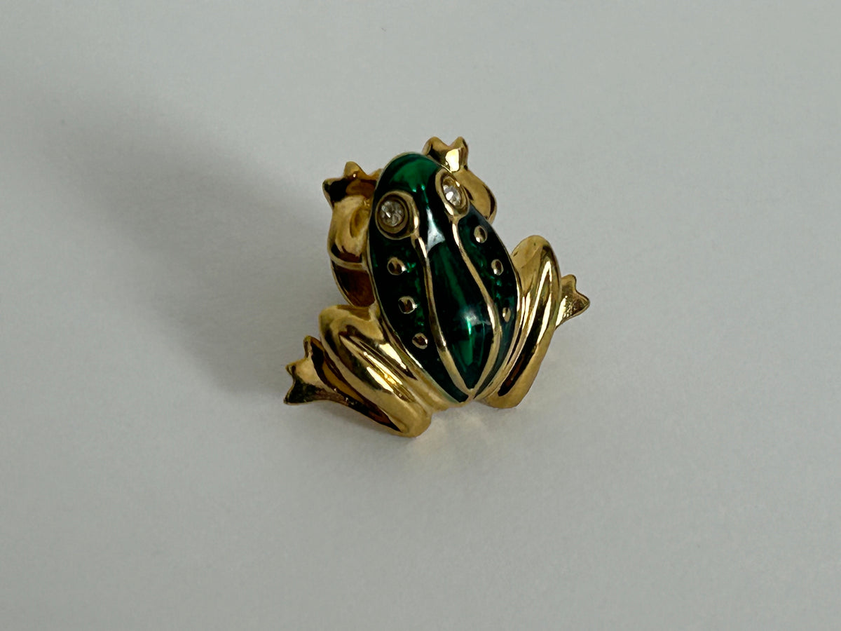 Vintage Gold Tone & Green Enamel Miniature Frog Pin Brooch