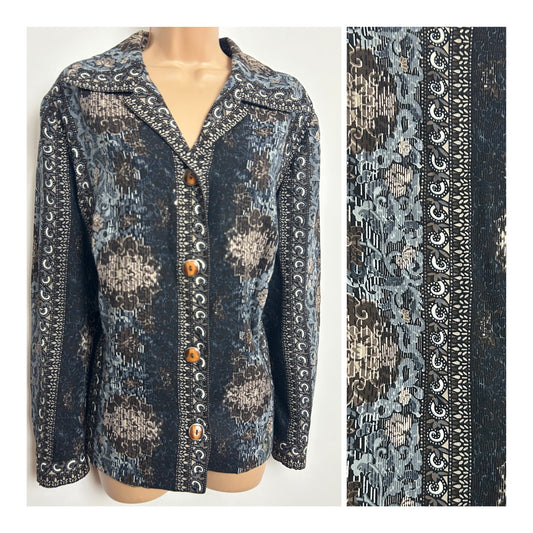Vintage 1970s JUMO Size 18-20 Black Brown & Grey Floral Print Long Sleeve Wide Collared Shirt