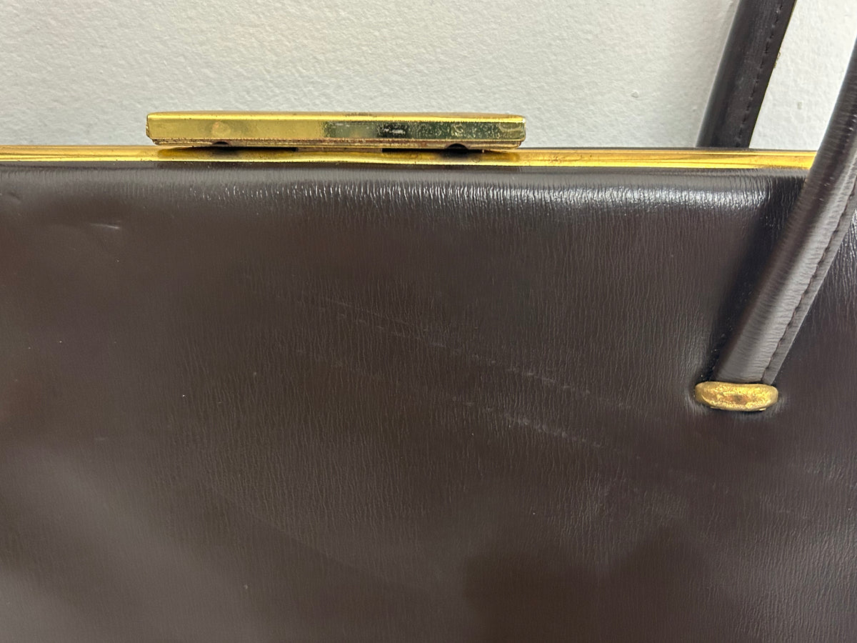 Vintage 1950s Matt Brown Leather Kelly Handbag With Gold Tone Frame