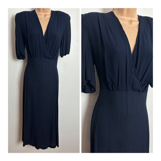 Vintage 1940s Size 12 Navy Blue Rayon Wartime WW2 Era Landgirls Rayon Tea Dress