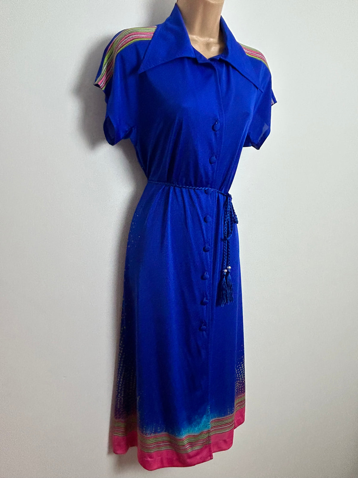 Vintage 1970s Super Rare PRINCESS RASPANTI Size 12-14 Blue Pink & Green Print Dagger Collar Belted Dress