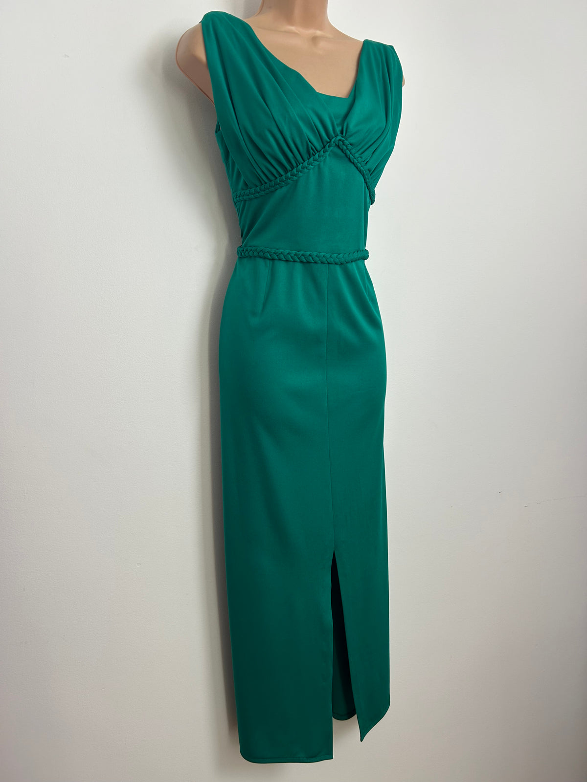 Vintage 1970s Size 10-12 Jade Green Plaited Trim Detail Occasion Midi Dress