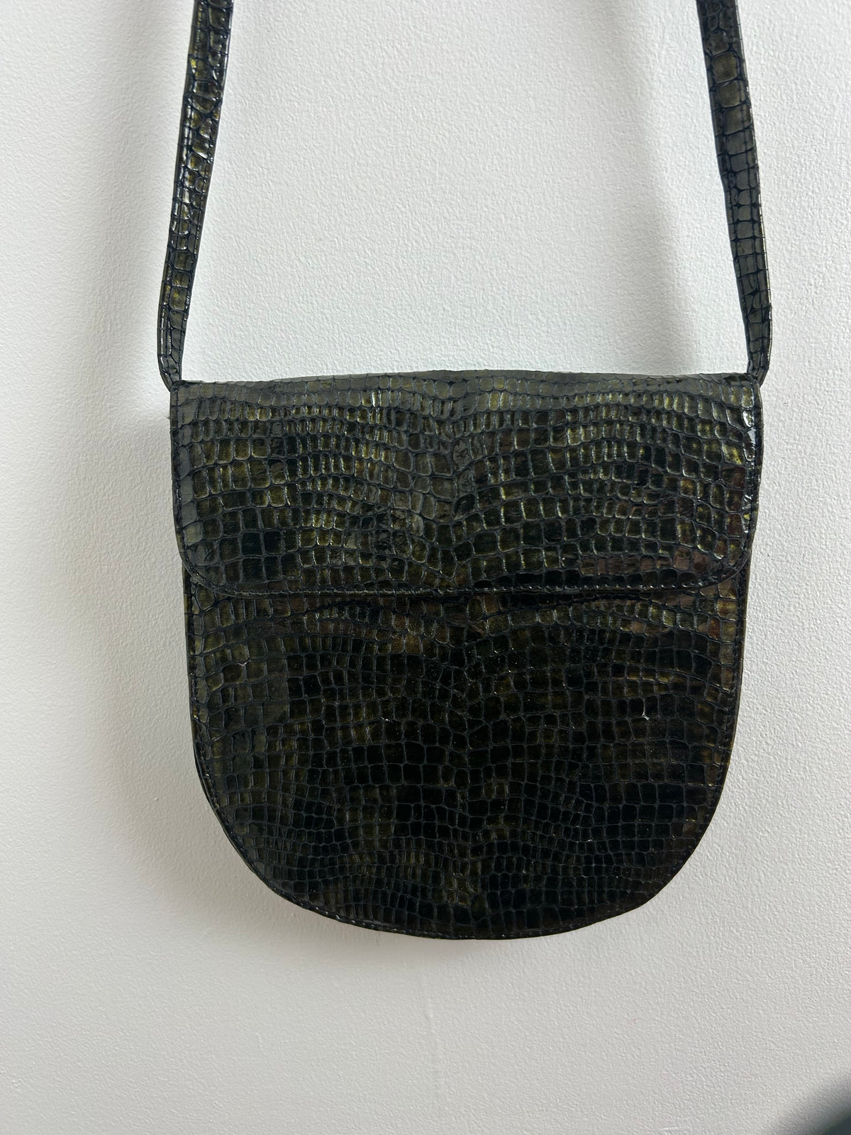 Vintage 1980s Cute Little Very Dark Green Mock Reptile Skin Shoulder Bag