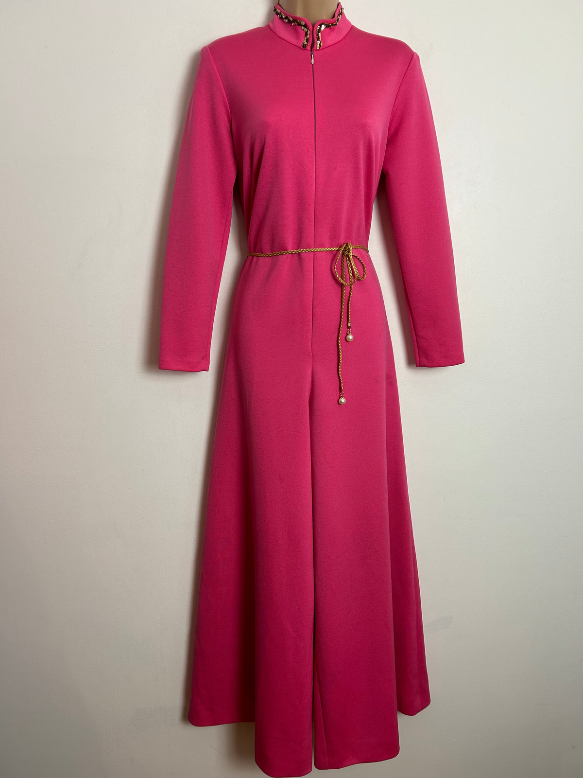 Vintage 1970s PAUL NICHOLAS UK Size 10 Candy Pink Long Sleeve Wide Leg Flared Jumpsuit