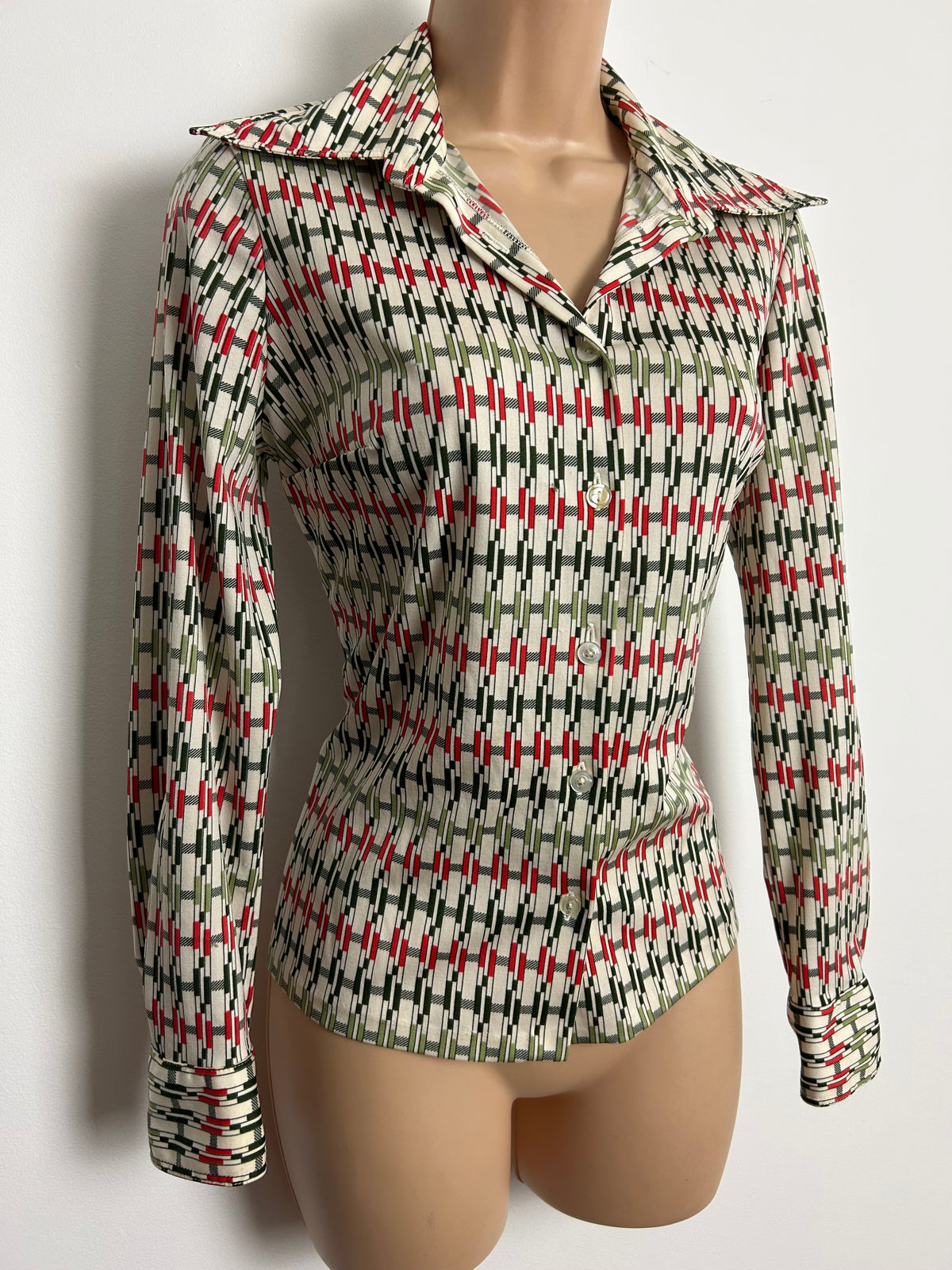 Vintage 1970s Size 10 Cream Green & Red Stripe Print Long Sleeve Shirt