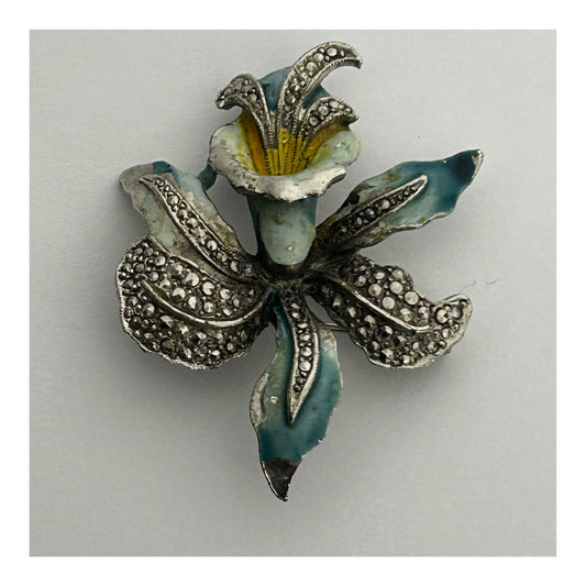 Vintage 1950s Beautiful Silver Tone Marcasite & Blue Cold Enamel Orchid Pin Brooch