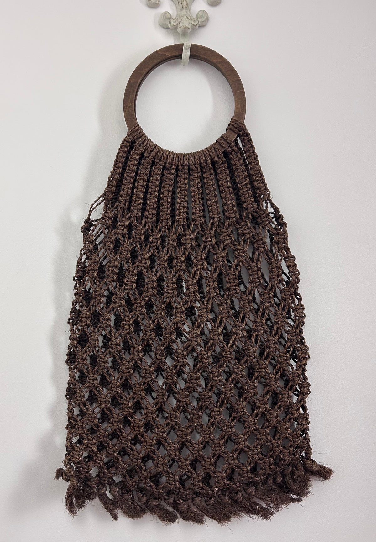 Vintage 1970s Large Dark Brown Hessian String Macrame Woven Shopping Bag With Wooden Handles