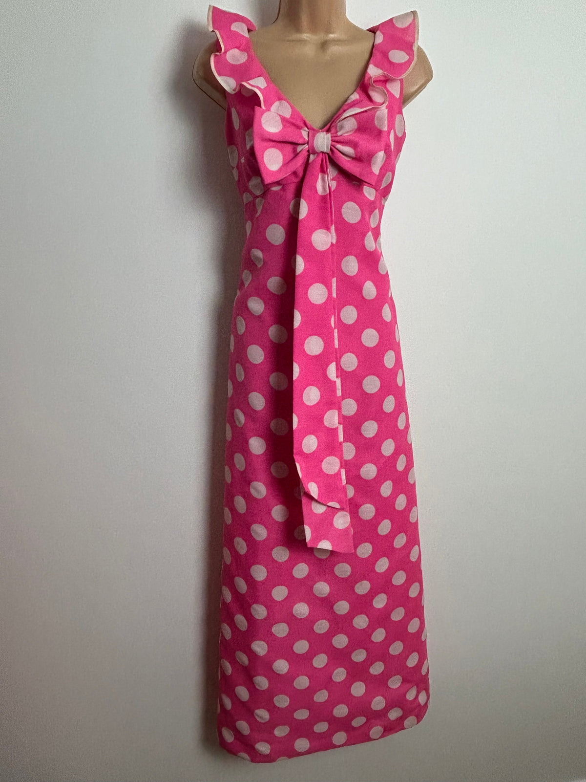 Vintage Early 1970s Size 8 Candy Pink & White Spot Print Ruffle & Bow Detail Sleeveless Maxi Dress