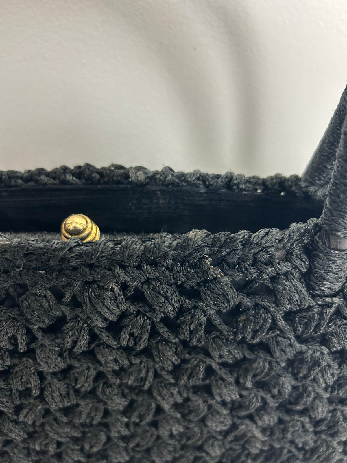 Vintage 1960s Gorgeous Black Crochet Woven Style Top Handle Kelly Style Handbag