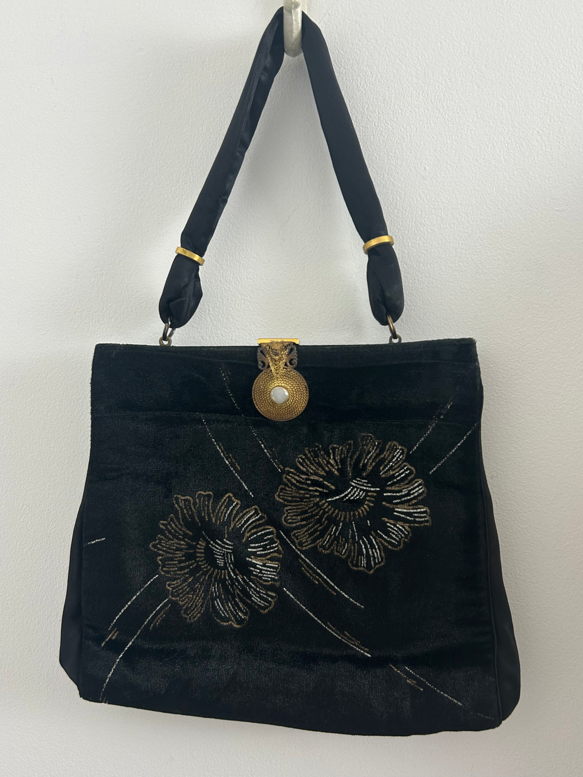 Vintage Early 1950s WALDYBAG Black Velvet Hand Painted Silver & Gold Floral Pattern Cocktail Handbag