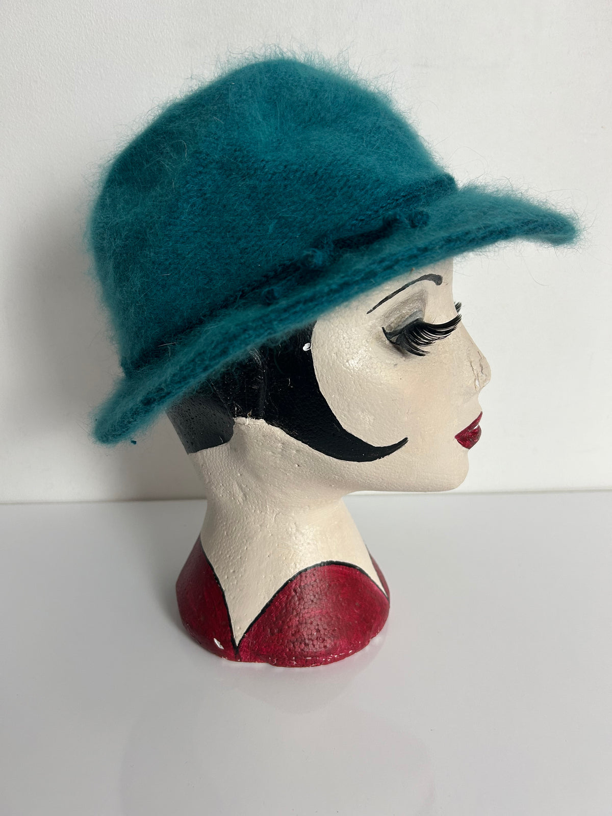 Vintage Teal Green Angora Mix Braid Trim Tie Detail Fedora Style Hat