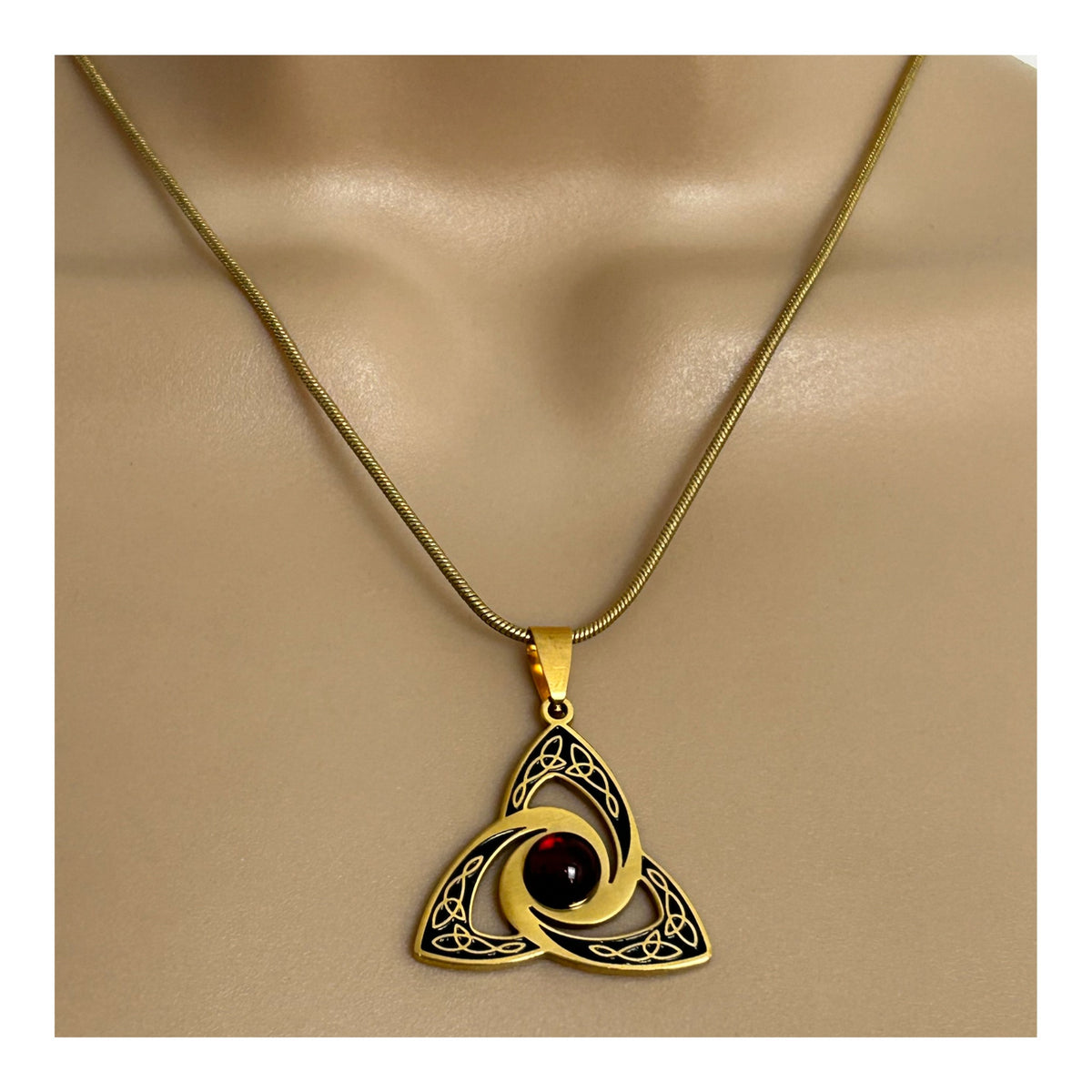 Vintage Gold Tone Celtic Inspired Triquetra Knotwork Red Stone Set Pendant With Necklace