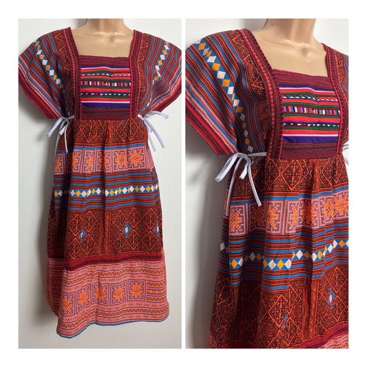 Vintage Guatemalan Size 10-12 Orange & Blue Tones Woven Cotton Tie Side Ethnic Style Dress