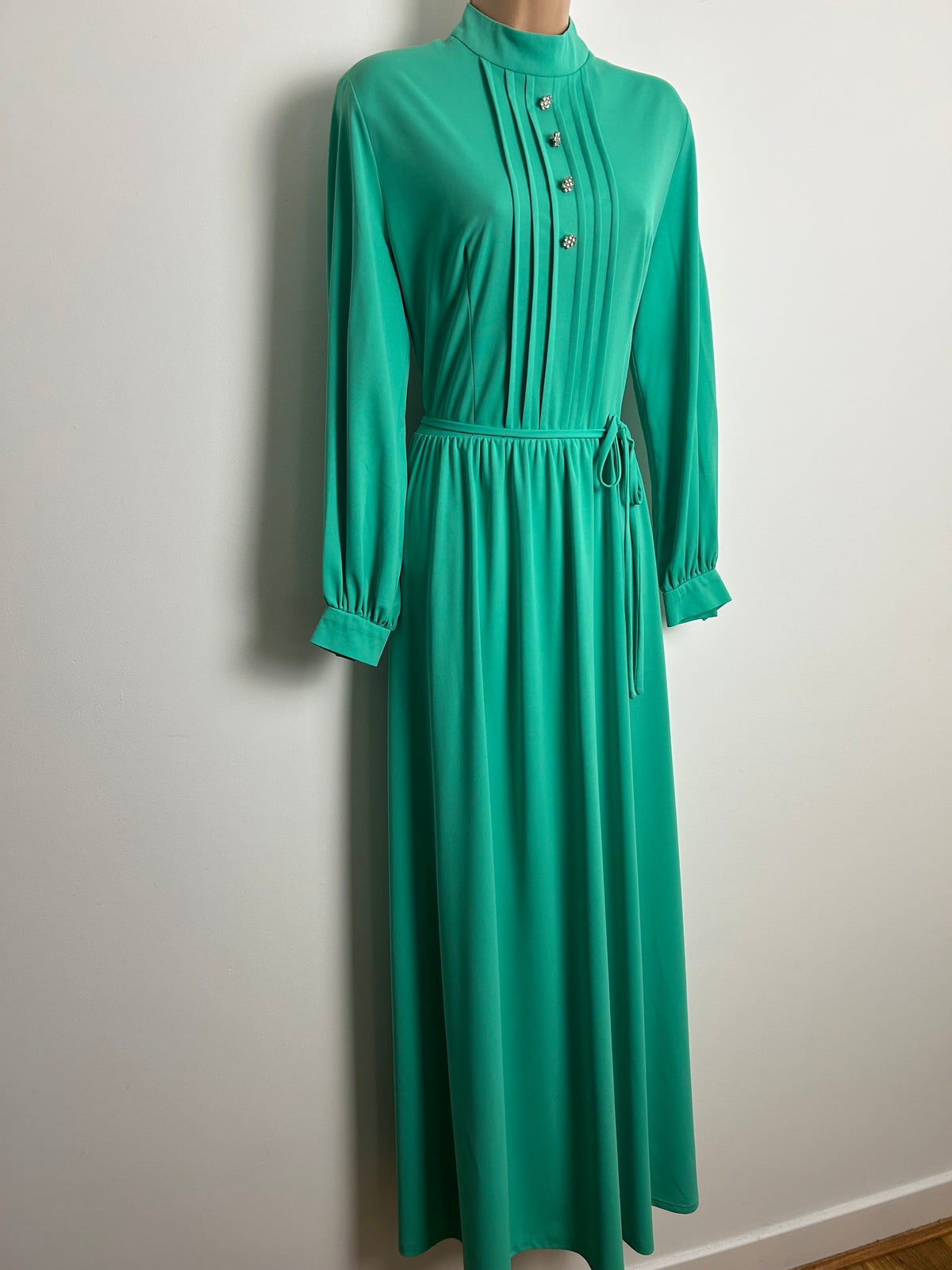 Vintage 1970s Size 14 Mint Green Diamante Buttons Long Sleeve Belted Occasion Maxi Dress