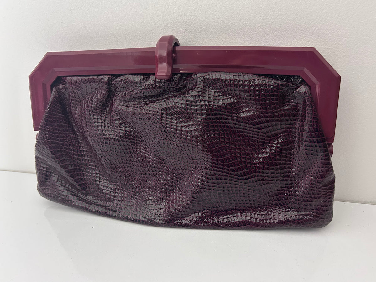 Vintage 1980s ITALIAN Burgundy Wine Red Mock Reptile Skin Clutch Bag