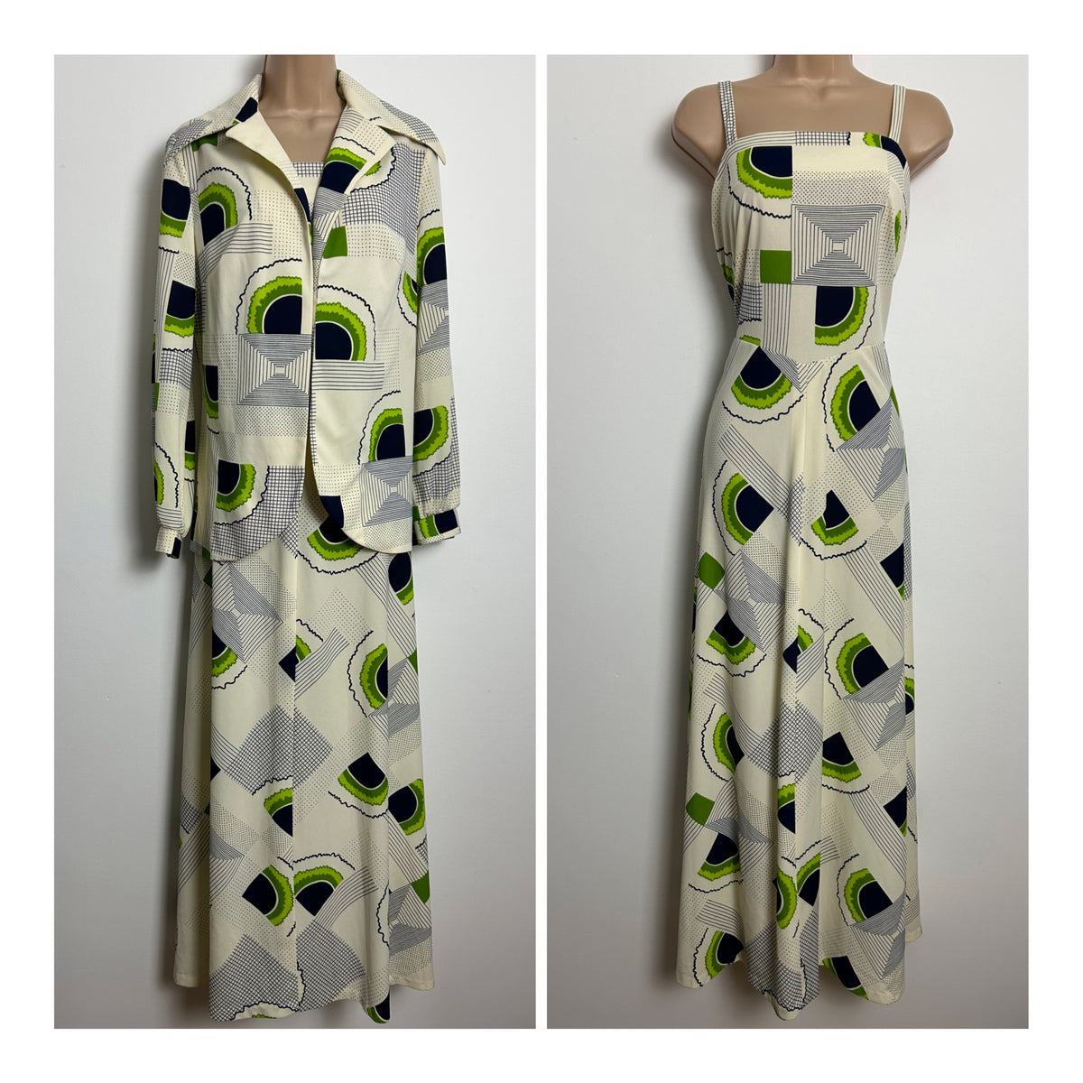 Vintage 1970s MARISA By Kitty Copeland Size 10-12 Cream Navy Blue & Green Abstract Print Dress & Matching Dagger Collar Open Fronted Shirt  Style Jacket