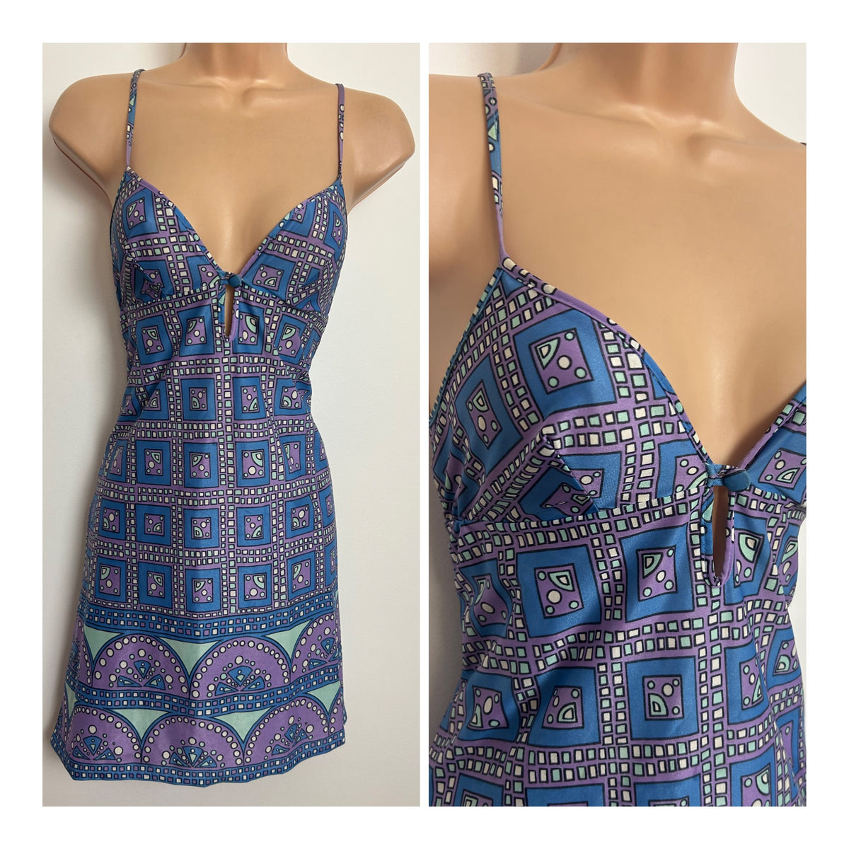 Vintage 1970s PIPPA DEE Size 8 Blue Lilac & Mint Green Geo Print Summer Sun Dress
