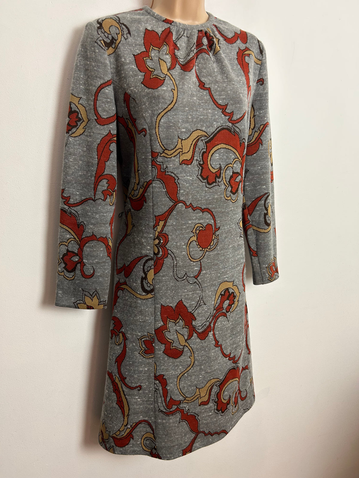 Vintage 1960s ST MICHAEL UK Size 14 Grey & Rusty Brown Abstract Print Wool Mix Mod Shift Dress