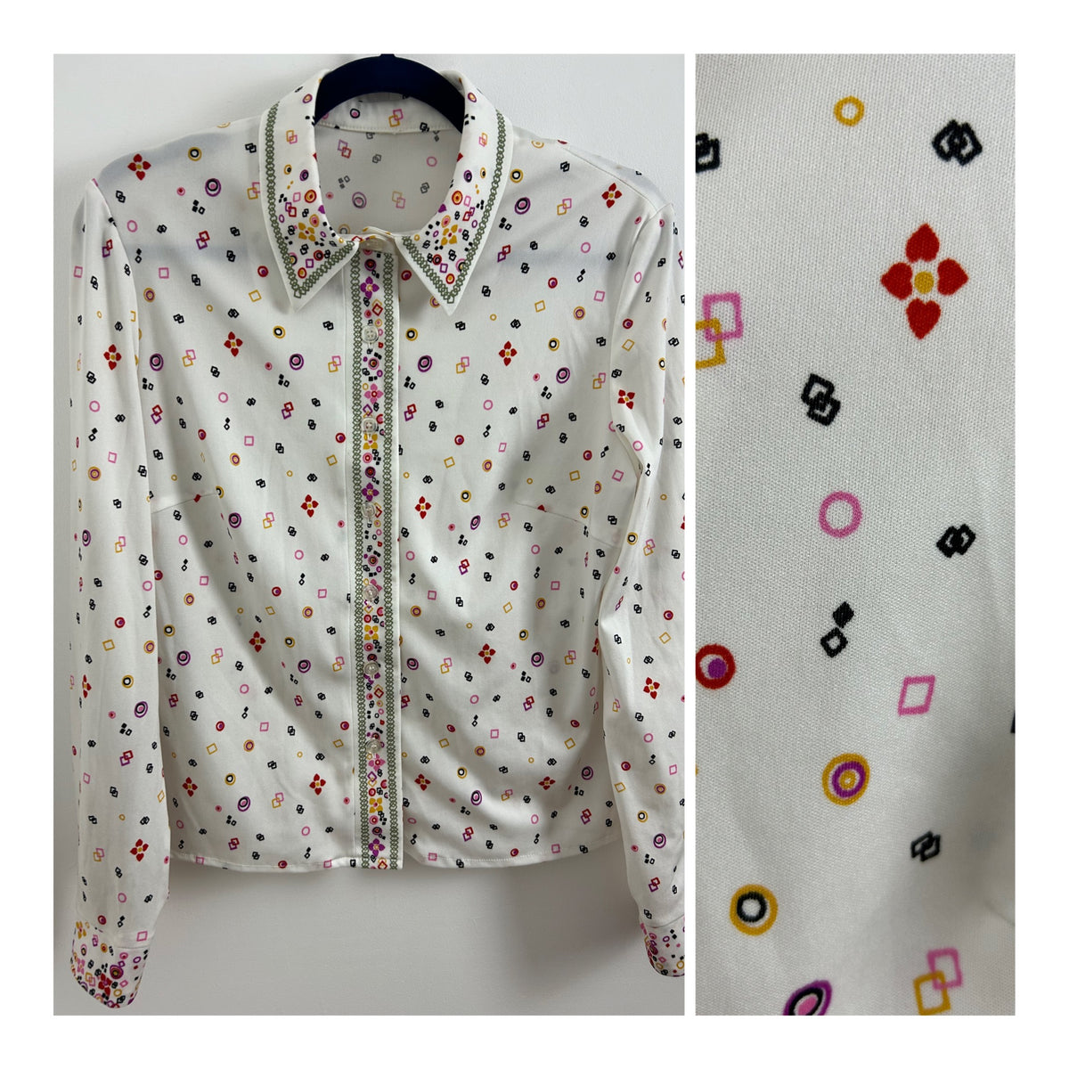 Vintage 1970s Size 12-14 White Purple Red Yellow & Black Abstract Geo Print Long Sleeve Shirt