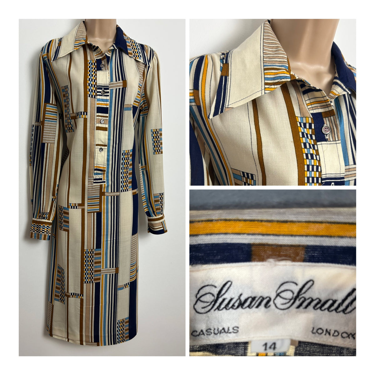 Vintage 1970s SUSAN SMALL Size 12-14 Beige Brown Orange & Blue Geo Stripe Print Shirt Dress