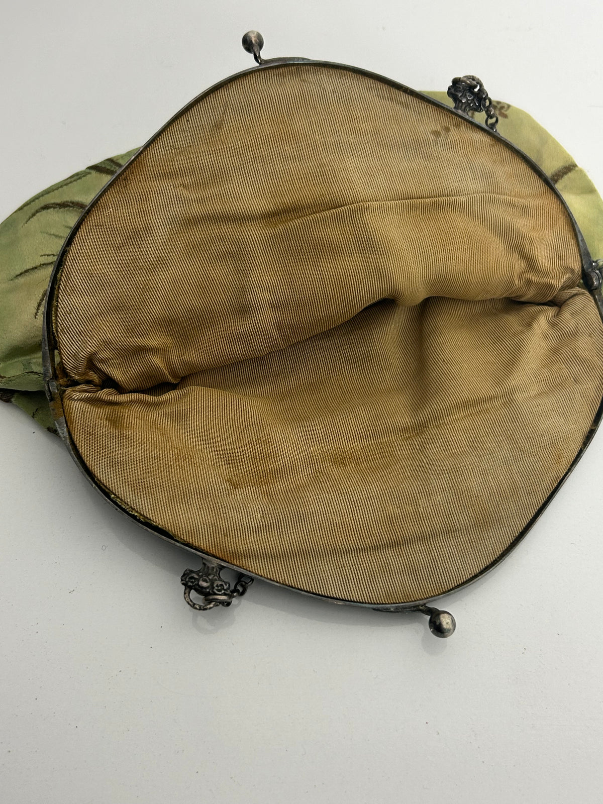 Antique Circa 1900's Victorian/Edwardian Silver Cherub Frame Green Silk jacquard Bag