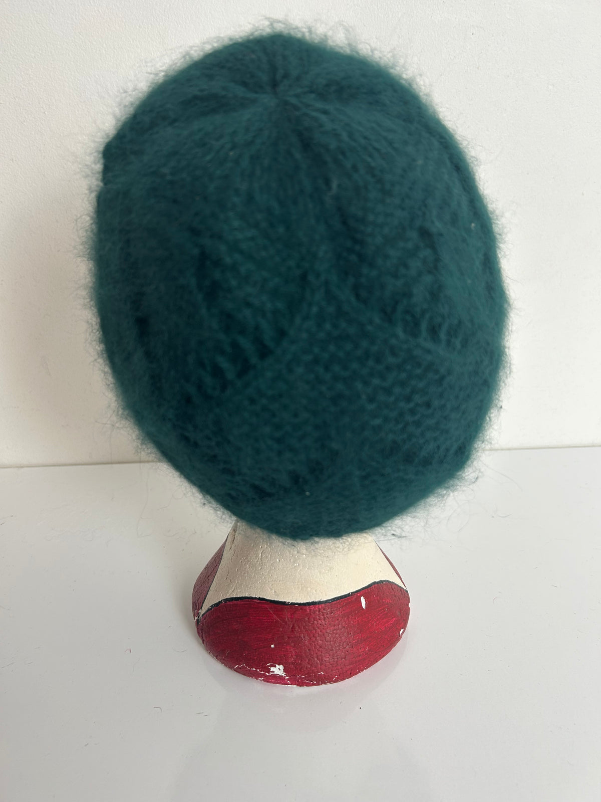 Vintage Forest Green Chunky Knit Angora & Wool Mix Beanie Style Hat