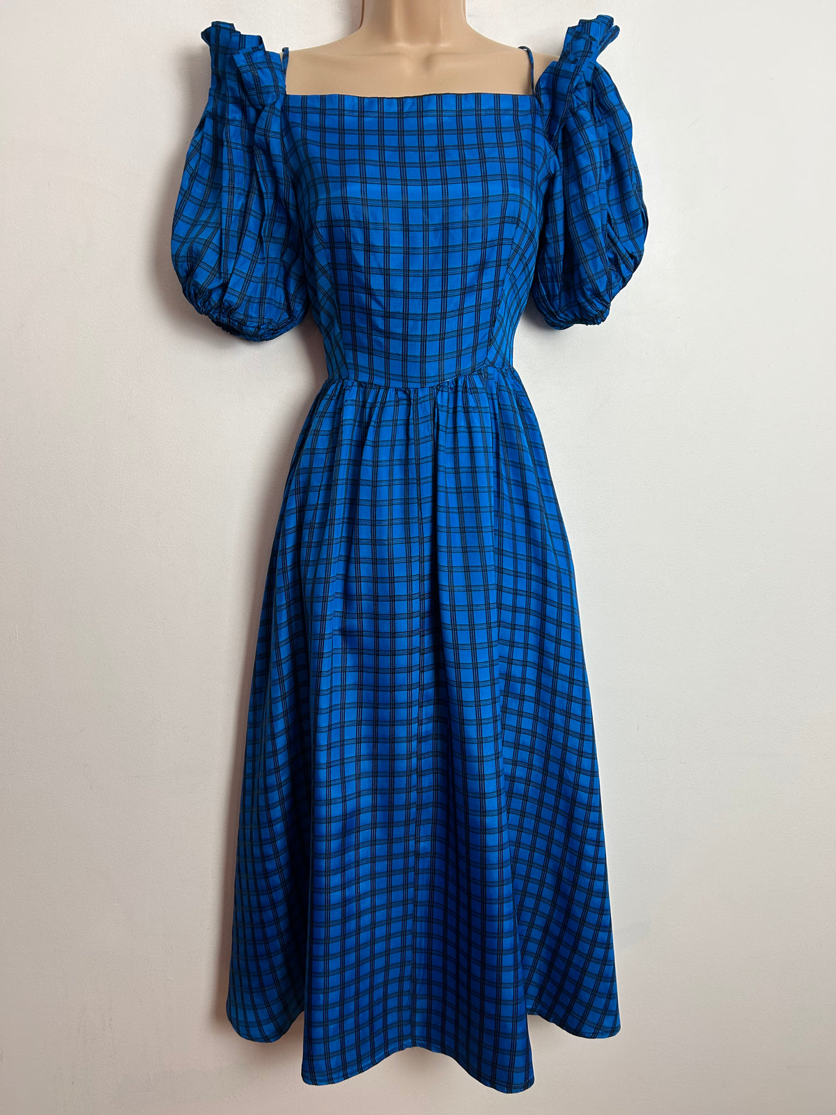 Vintage 1980s NICKI FERRARI UK Size 6 Blue & Black Check Print Pleated Shoulder Puff Sleeve Party Dress