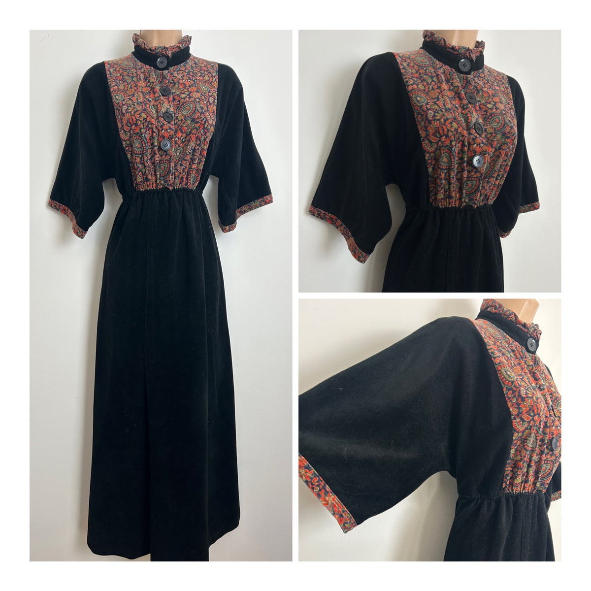 Vintage 1970s Size 8 Black Blue & Orange Cord Panel Short Wide Sleeve Boho Prairie Velour Maxi Dress