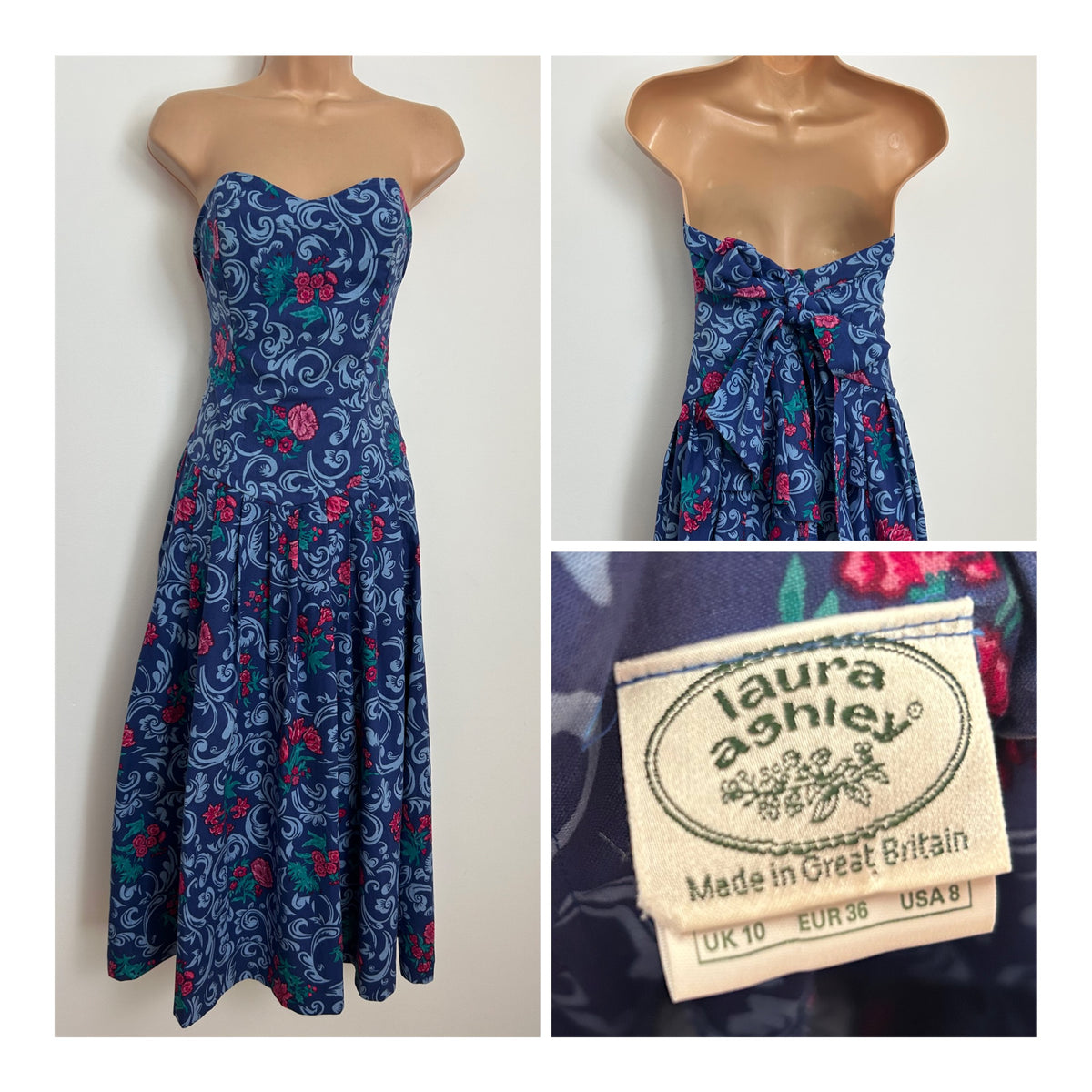 Vintage 1980s LAURA ASHLEY Size 6/8 (Size 10) Blue & Pink Floral Print Strapless Boned Pleated Occasion Dress