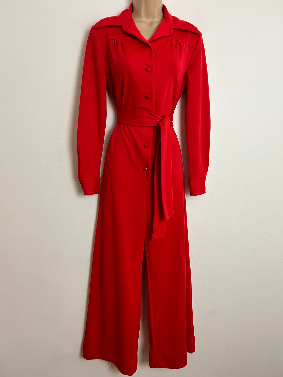 Vintage 1970s SEARS UK Size 12 Pillar Box Red Dagger Collar Belted Wide Leg All In One Jumpsuit