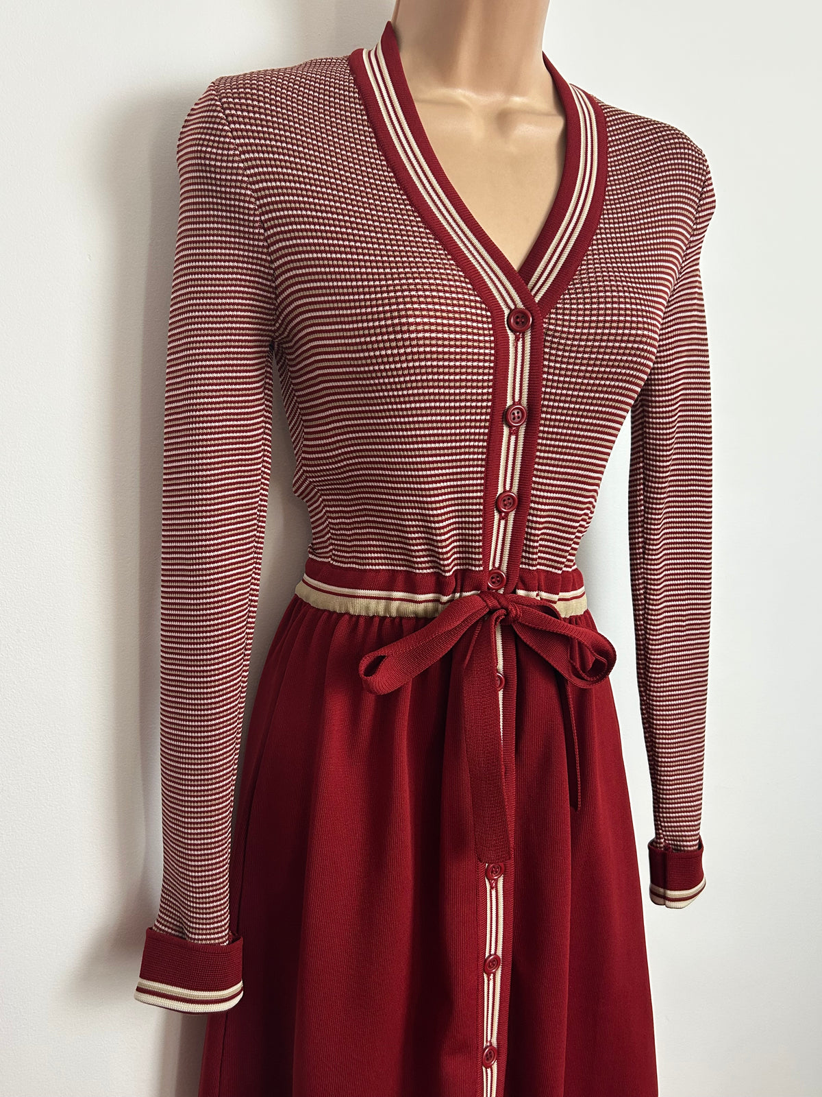 Vintage 1970s Rare GINA ITALIAN SOPHISTICATES Size 8-10 Brick Red & Beige Stripe Print Tie Waisted Dress
