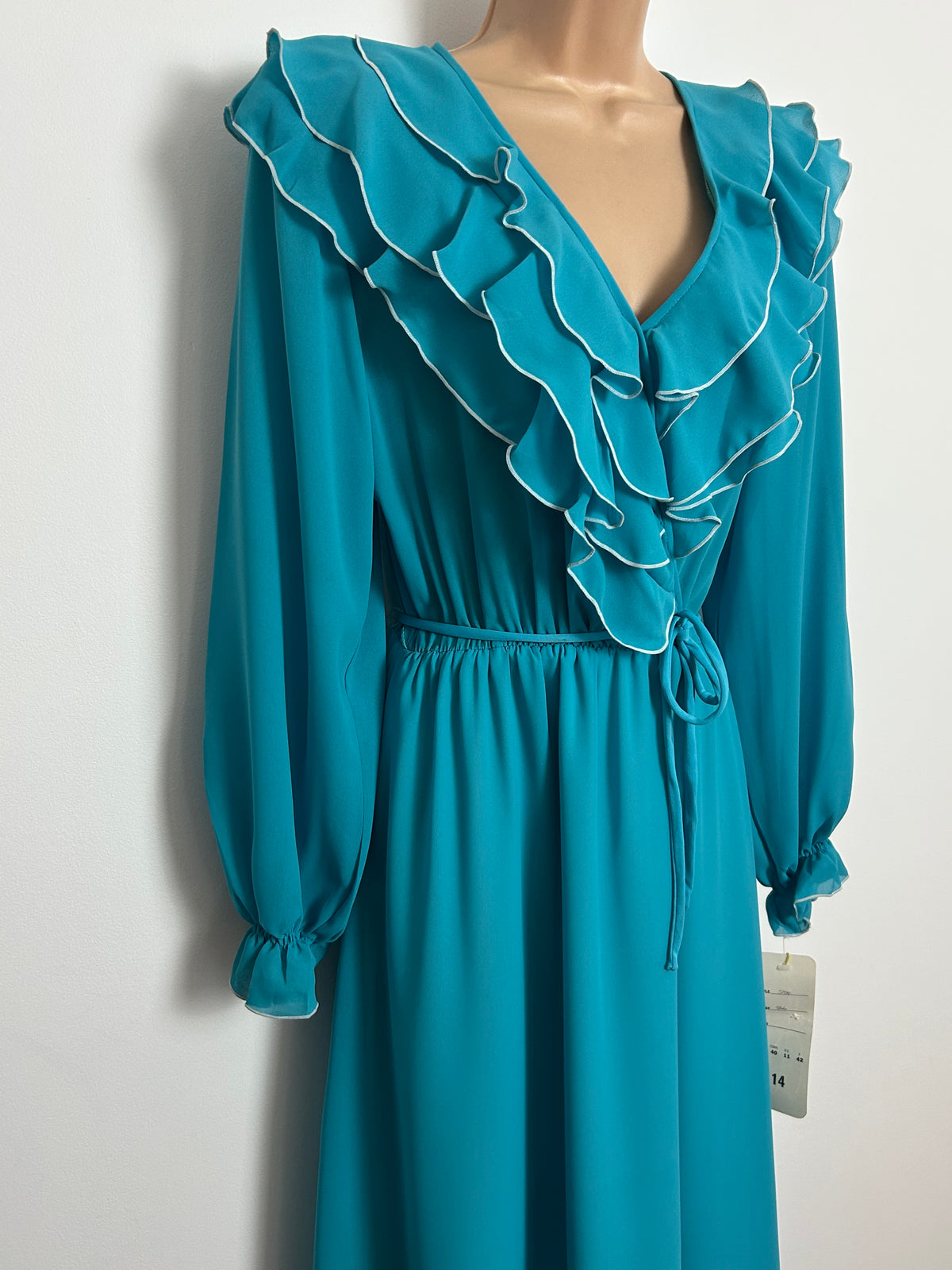 Vintage Late 1970s Deadstock DARREN Size 14 Turquoise Ruffled Long Sleeve Belted Maxi Dress