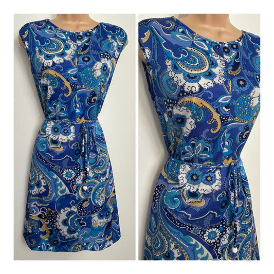 Vintage Early 1970s ST MICHAEL Size 10 Blue Tones Psychedelic Floral Paisley Belted Mod Dress