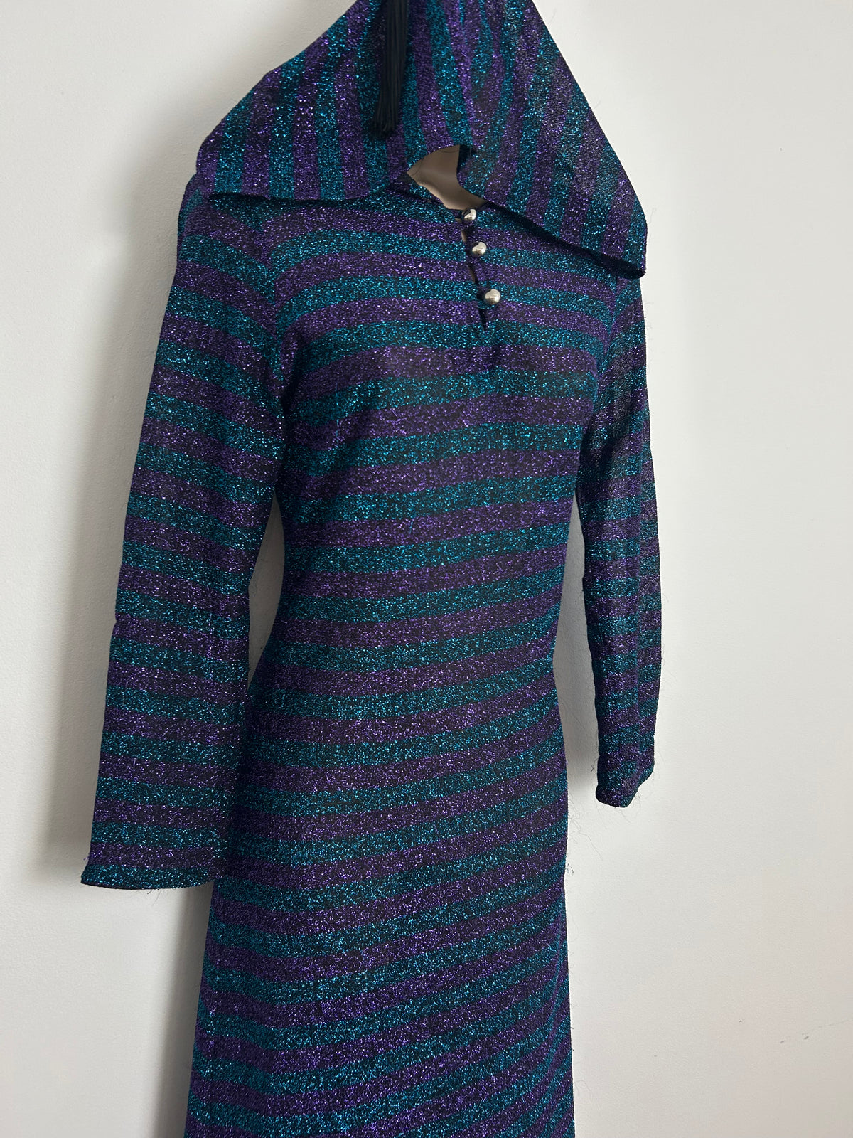 Vintage 1970s Size 6-8 Dark Turquoise & Purple Stripe Print Lurex Shimmery Hooded Occasion Maxi Dress
