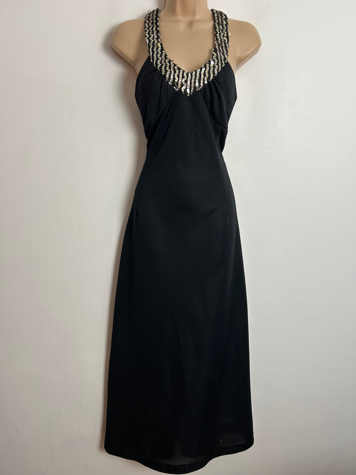Vintage 1970s PENELOPE PEEP UK Size 6 Black Sequin Embellished Evening Party Maxi Dress