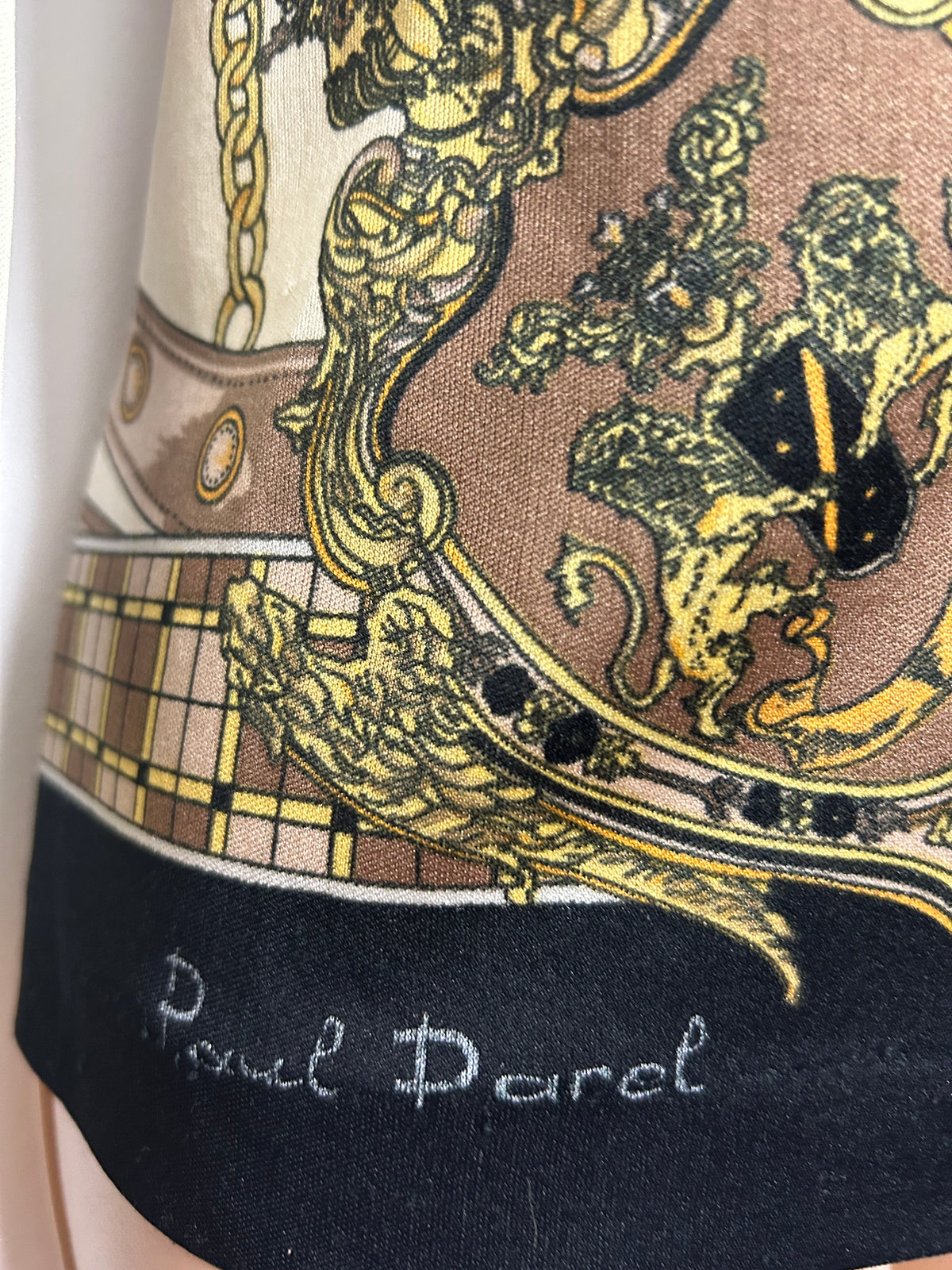 Vintage Early 1980s Size 14 PAUL DAREL SIGNED Cream & Brown Baroque Equestrian Print Shirt