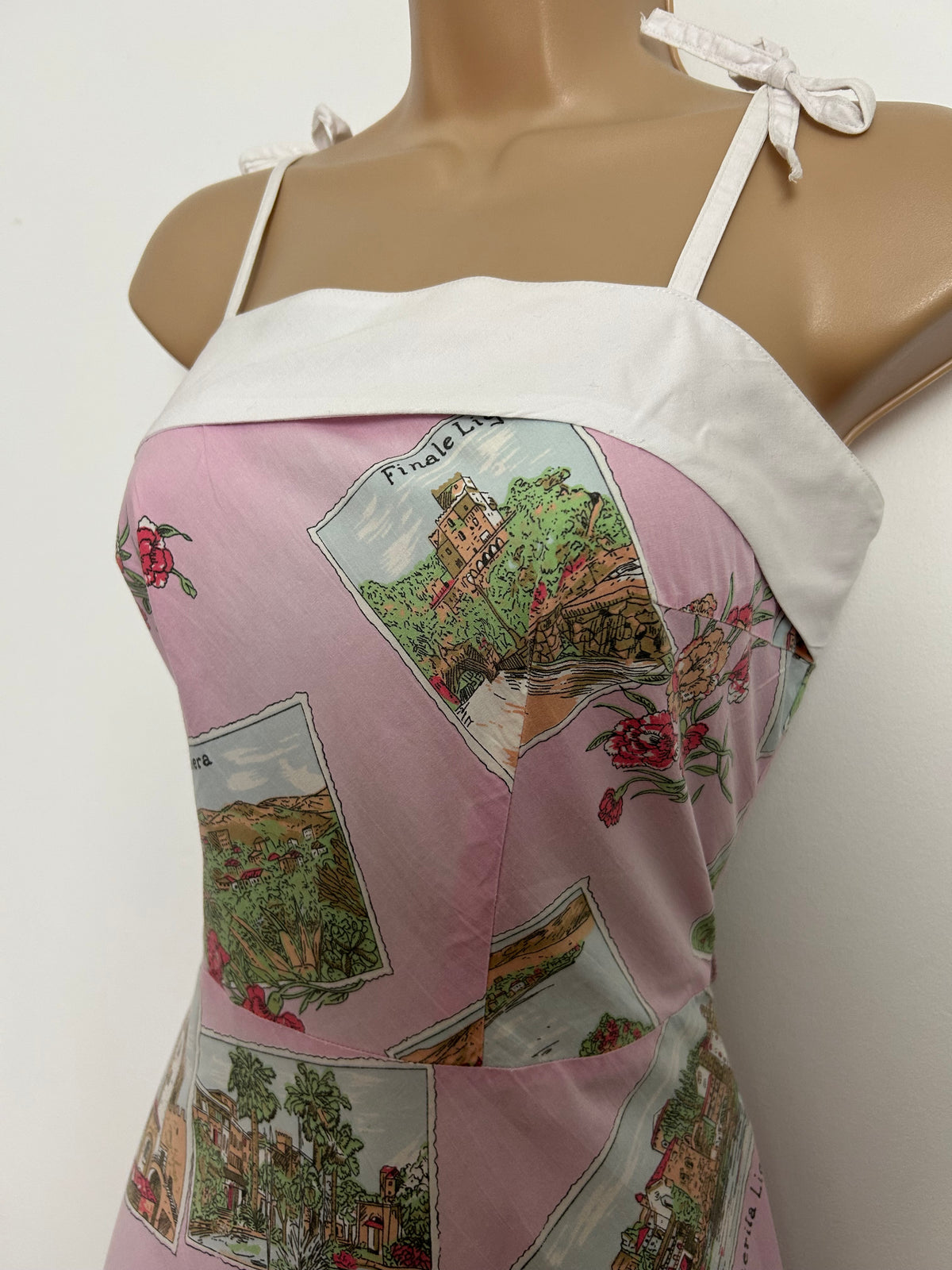 Vintage 1980s Size 8-10 Pink Italian Cities Postcard Print 50s Style Cotton Sun Dress