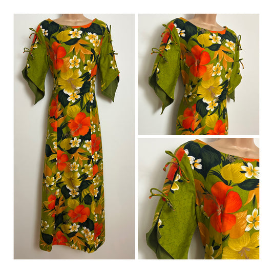 Vintage Late 1960s SEARS HAWAIIAN FASHIONS Size 10 Green & Orange Tones Cotton Maxi Dress