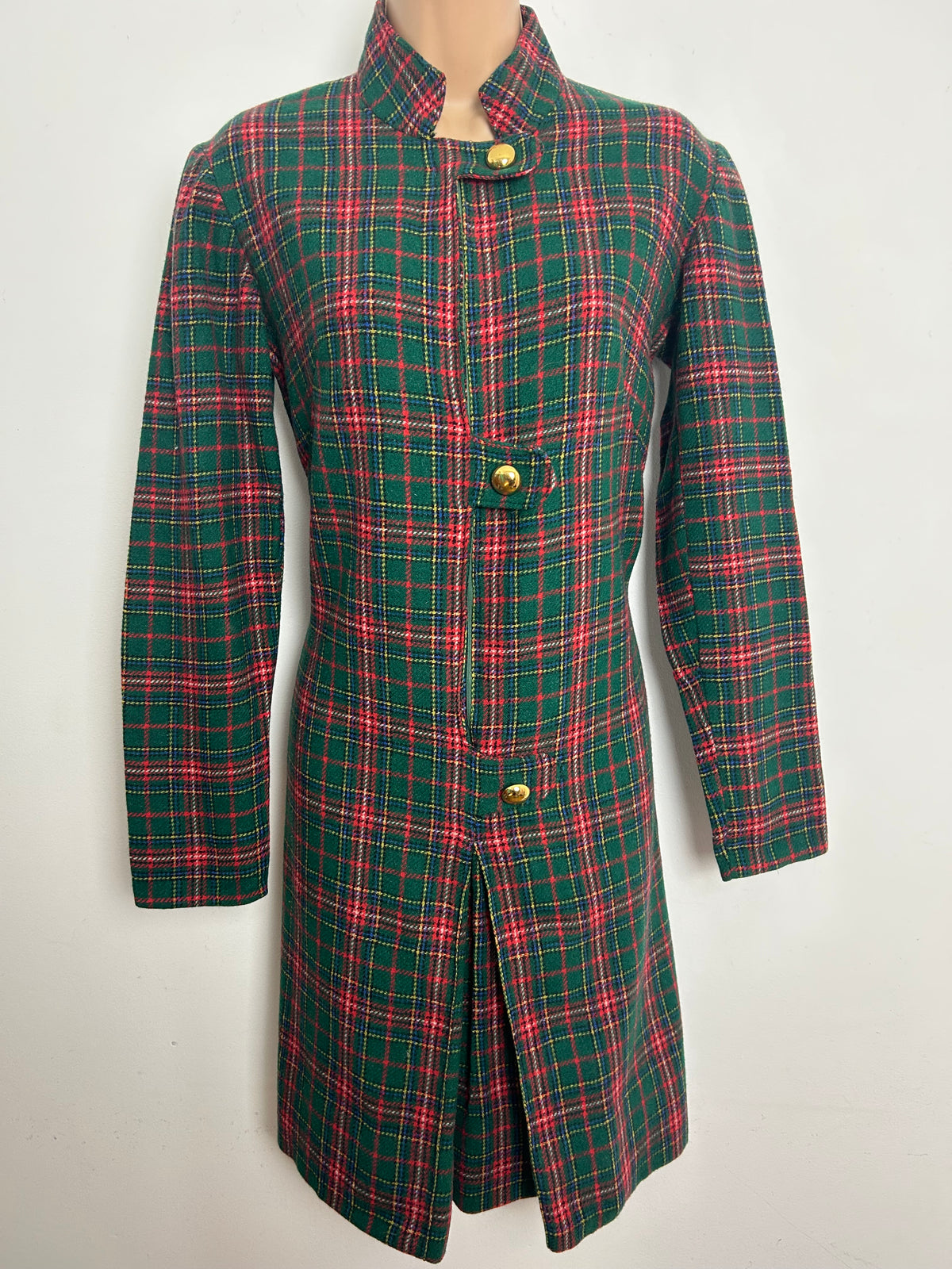 Vintage 1960s Size 10 Green & Red Tartan Check Wool Mod Shift Dress