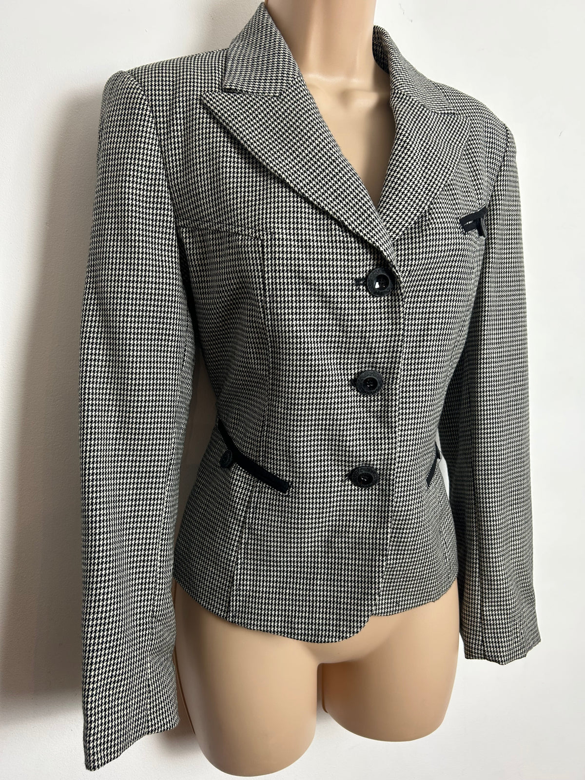 HARVE BENARD Size 10 Black & White Dogtooth Tweed Check 100% Wool Blazer Jacket